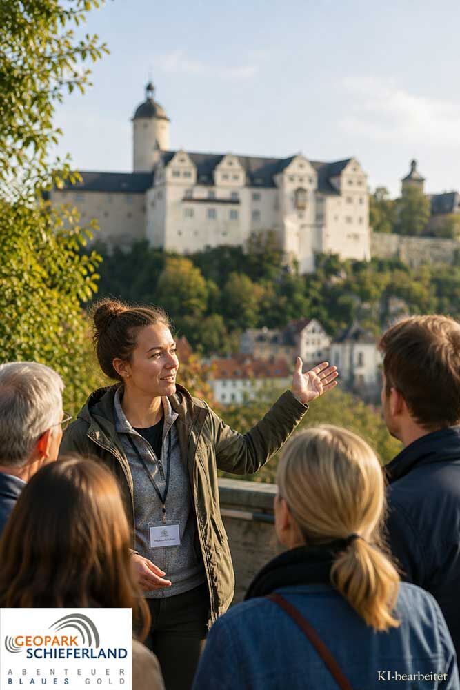 Geführte Museumstour in Ranis mit einer Museumsführerin und Gästen vor der malerischen Kulisse der historischen 1000 jährigen Burg Ranis