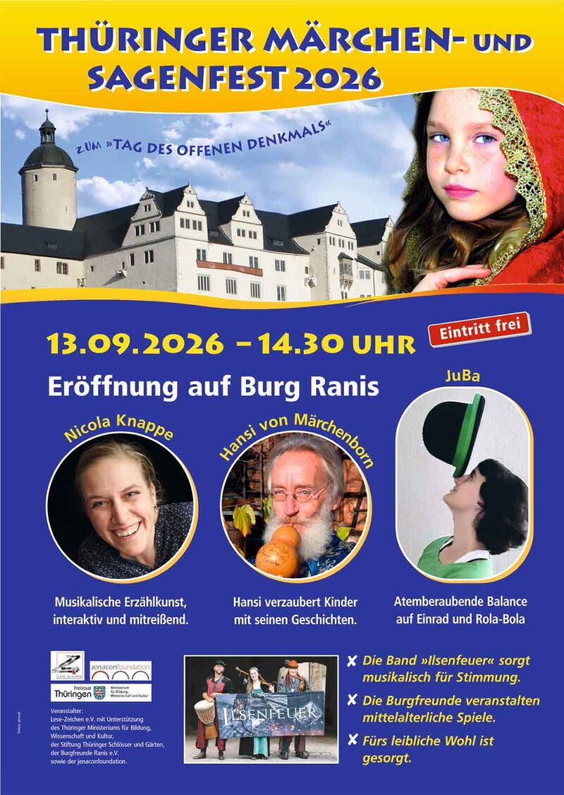 Veranstaltungsplakat zum Thüringer Märchen- und Sagenfest 2026 auf Burg Ranis. Das Fest findet am 13. September 2026 zum Tag des offenen Denkmals statt. Das Plakat zeigt Burg Ranis sowie die Künstler Nicola Knappe, Hansi von Märchenborn, JuBa und die Band