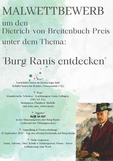 Plakat zum Malwettbewerb um den Dietrich-von-Breitenbuch-Preis 2027 unter dem Motto ‚Burg Ranis entdecken‘ für Kinder und Jugendliche.“